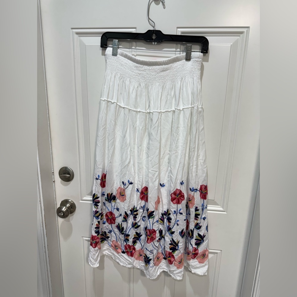 White Embroidered Floral Midi Skirt boho